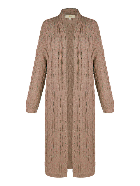 Brown Tencel & Silk Cable Knit Long Cardigan, 1