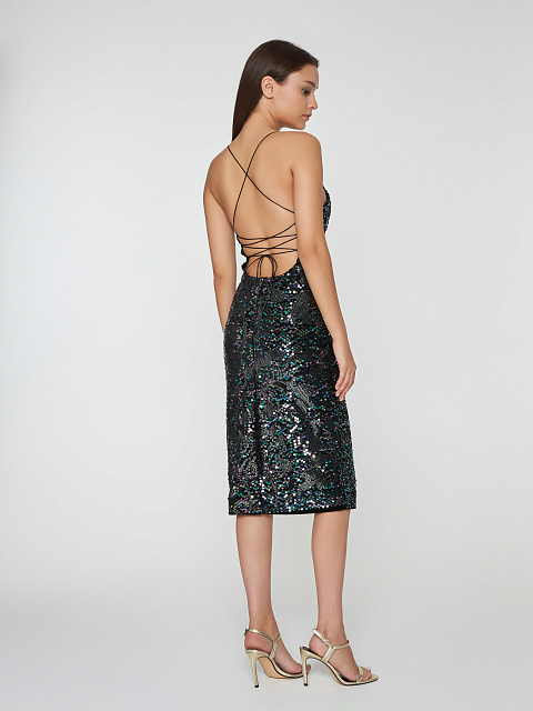 Black Sequin Velvet Midi Dress, 7