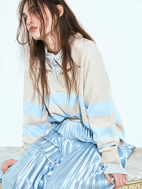 Beige & Blue Striped Cotton Pullover, 2