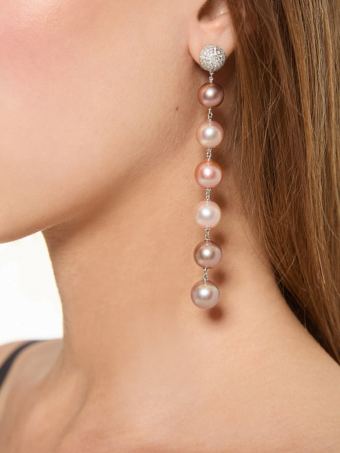 Long white gold earrings with Multicolor pearls, 4 Long white gold earrings with Multicolor pearls, 4