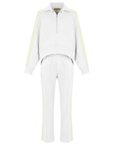 White & Neon Yellow Lily Embroidered Jersey Suit, 1