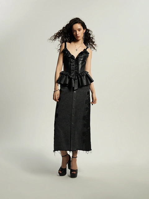 Black Leather Chunky Heel Sandals, 5