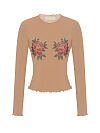 Лонгслив из бежевой сетки, аппликация термостразы "розы"