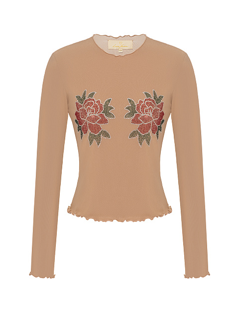 Beige Rhinestones Rose Mesh Longsleeve, 1