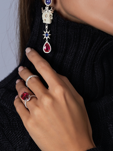 Round Diamond & Oval Rubellite & White Gold Ring , 3