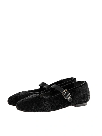 Black Shearling Mary Jane Ballet Flats, 1