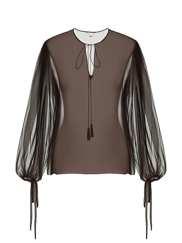 Brown Chiffon Blouse With Voluminous Sleeves, 1