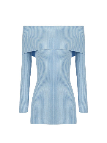 Light Blue Open Shoulder Rib Knit Mini Dress, 1