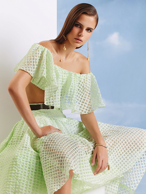 Lime Green Checked Chiffon Top & Midi Skirt, 7