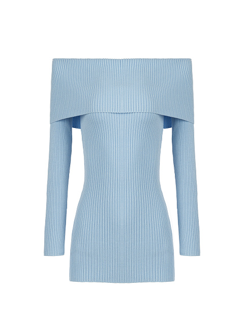 Light Blue Open Shoulder Rib Knit Mini Dress, 1