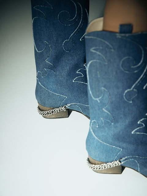 Blue Denim Embroidered Cowboy Boots, 6