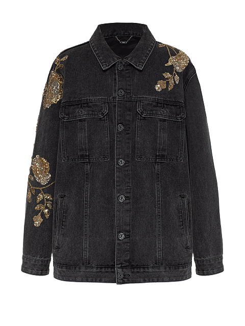 Black Denim Jacket with Floral Embroidery, 1