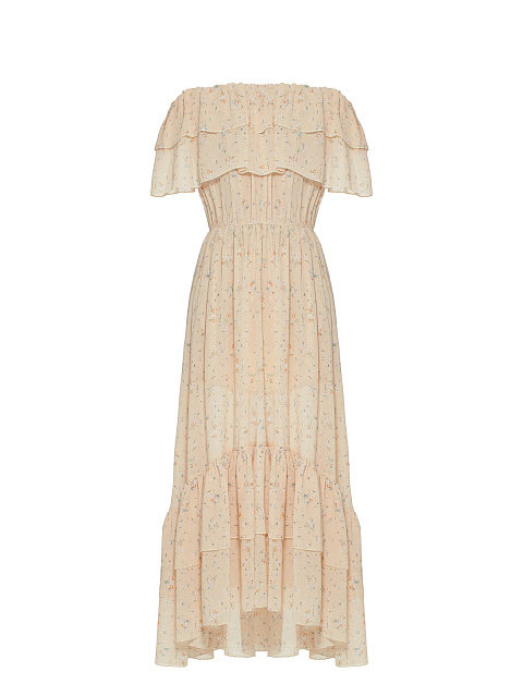 Peach Flower Printed Off Shoulder Dress, 1