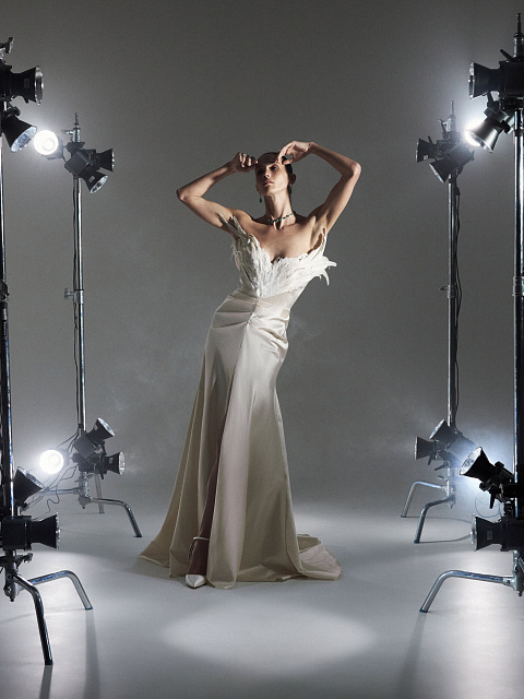 Beige Open Shoulder Feather Silk Maxi Dress, 6