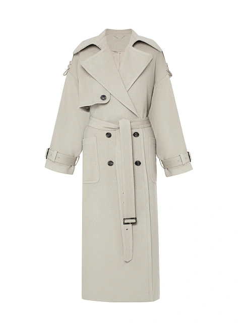 Beige Double Breasted Wool Trench, 1