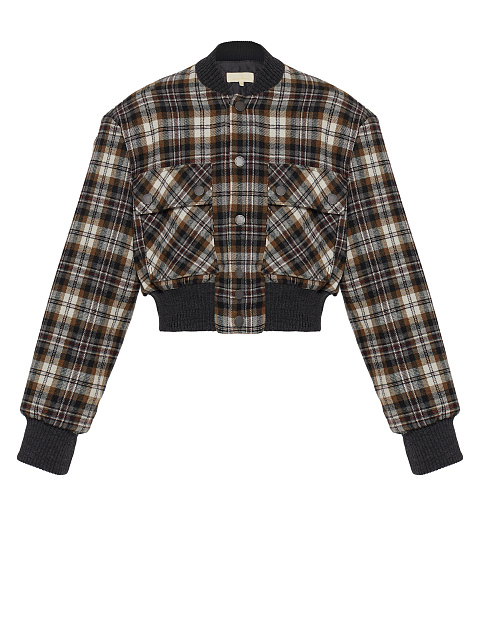 Dark Brown Plaid Cropped Bomber Jacket, 1