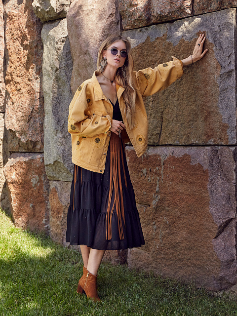 Flower Embroidered Orange Denim Jacket, 4