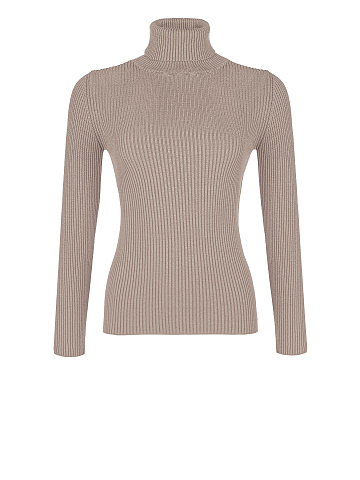 Beige Rib Knit Jersey Turtleneck, 1