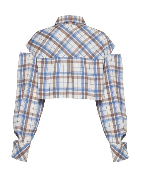 Beige & Blue Cut Out Cropped Check Shirt, 2