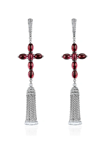 White Gold, Garnet & Diamonds Tassel Earrings, 1