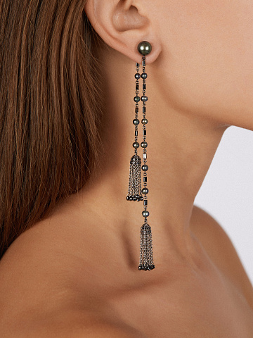 Black Diamond, Black Pearl & Black Gold Tassel Earrings, 2