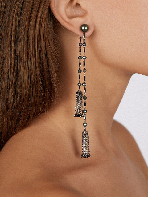 Black Diamond, Black Pearl & Black Gold Tassel Earrings, 2