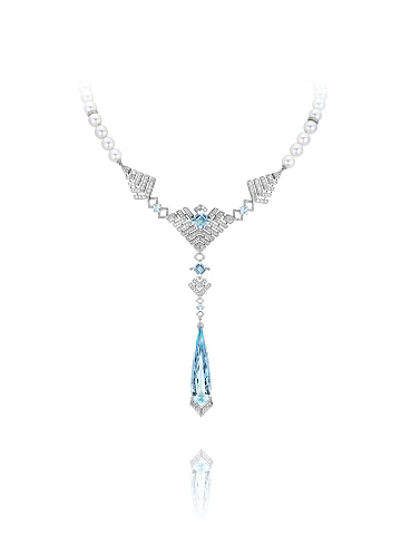 Palladium necklace with aquamarine and grey diamonds, 1