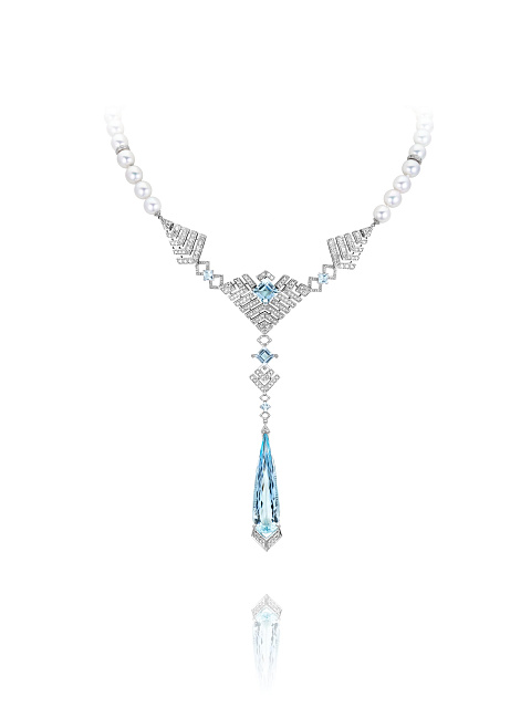 Palladium necklace with aquamarine and grey diamonds, 1 Palladium necklace with aquamarine and grey diamonds, 1