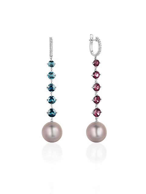 White gold earrings with pearls and spinels in dégradé shades, 1 White gold earrings with pearls and spinels in dégradé shades, 1