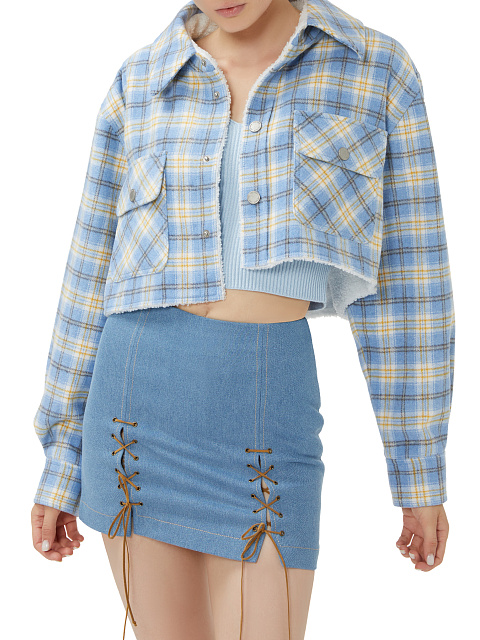 Light Blue Checked Cropped Faux Fur Lined Shirt, 4 Light Blue Checked Cropped Faux Fur Lined Shirt, 4