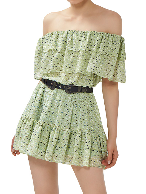 Light Green Flower Printed Off Shoulder Mini Dress, 5