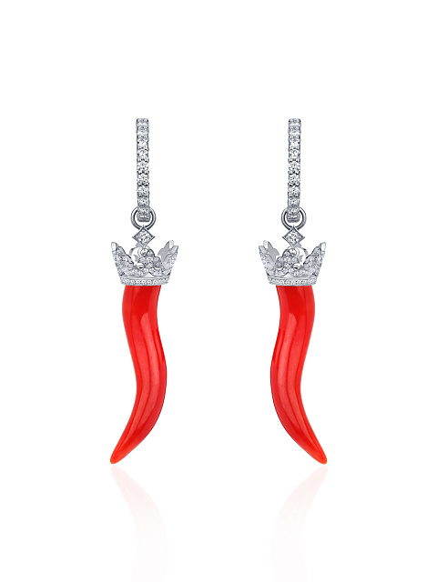 Coral, Round Diamond & White Gold Earrings, 1