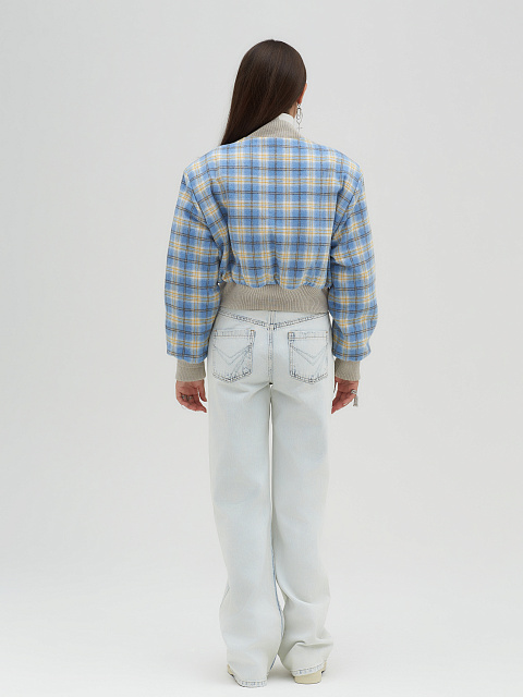 Light Blue Plaid Cropped Bomber Jacket, 7