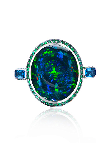 Black Cabochon Opal, Baguette Sapphire, Round Emerald & White Gold Ring, 2