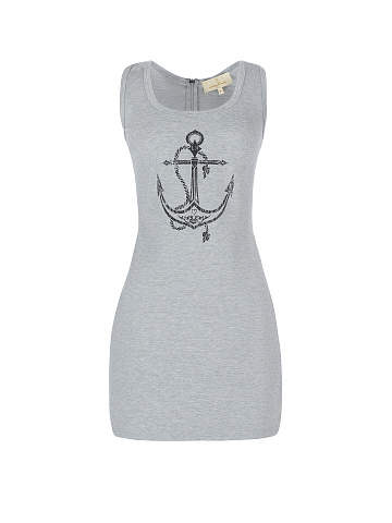 Grey Cotton Anchor Printed Tank Dress, 1