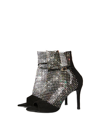 Black Mesh Rhinestone Sandals, 1