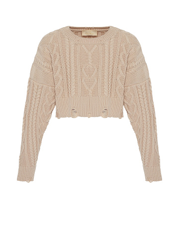 Beige Cotton Cropped Cable Knit Sweater, 1