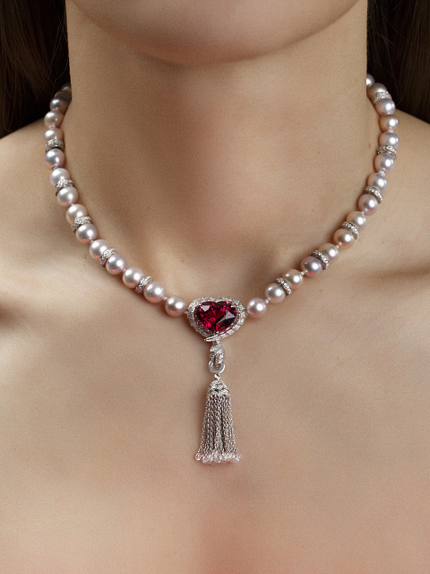 White Gold Heart-Shaped Garnet & Tourmaline & Diamond & Pearl Necklace, 4
