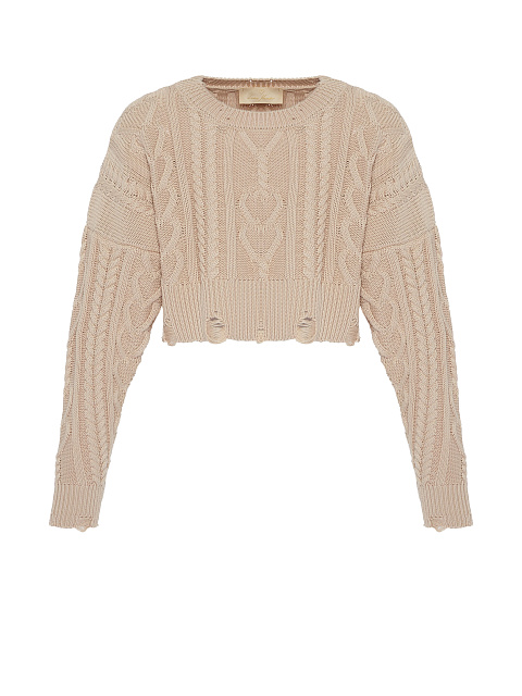Beige Cotton Cropped Cable Knit Sweater, 1