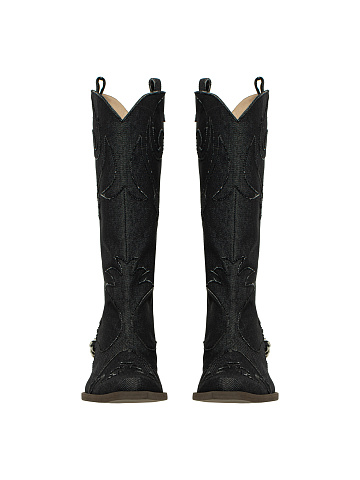 Black Denim Embroidered Cowboy Boots, 2
