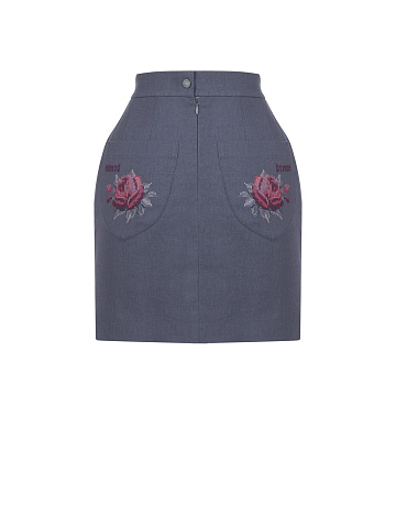 Roses Embroidered Indigo Blue Linen Mini Skirt, 2