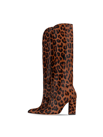 Leopard Printed Kangaroo Fur Heeled Tall Boots, 1