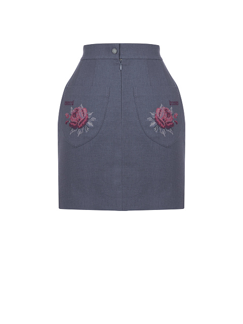 Roses Embroidered Indigo Blue Linen Mini Skirt, 2 Roses Embroidered Indigo Blue Linen Mini Skirt, 2