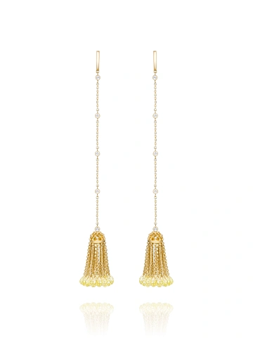 Briolette Lemon Quartz, Round Topaz & Gold Tassel Earrings, 1