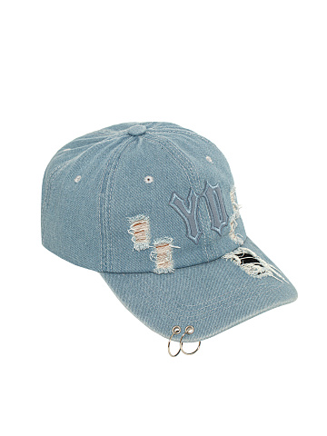 Light Blue Distressed Denim Cap With Rings, 1