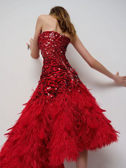 Red Feather-Trimmed & Sequined Midi Dress, 6 Red Feather-Trimmed & Sequined Midi Dress, 6