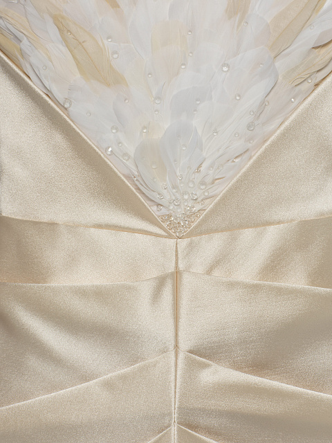 Beige Open Shoulder Feather Silk Maxi Dress, 4