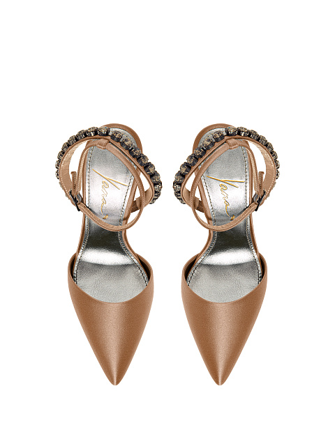Beige satin pumps with pointed toe and rhinestones, 4