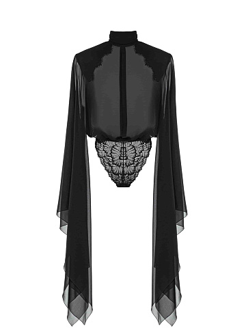 Black chiffon bodysuit blouse with lace, 1