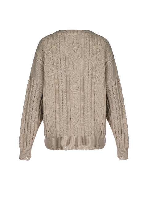 Light Brown Distressed Cable Knit Sweater, 2